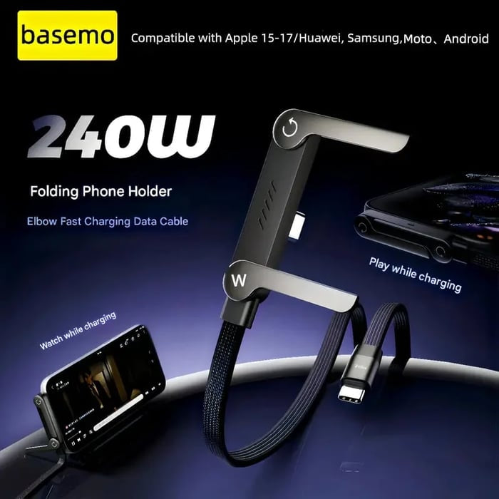 ⚡Official Authorized | MFi-Certified Cables🔥 2-in-1 Invisible Holder Charger Cable - 240W Fast Charging Cord with Built-In Phone Stand