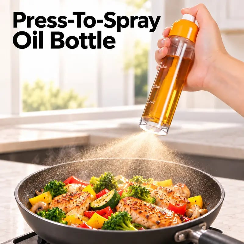 Orange refillable oil spray bottle applying fine mist over chicken and vegetables in a skillet