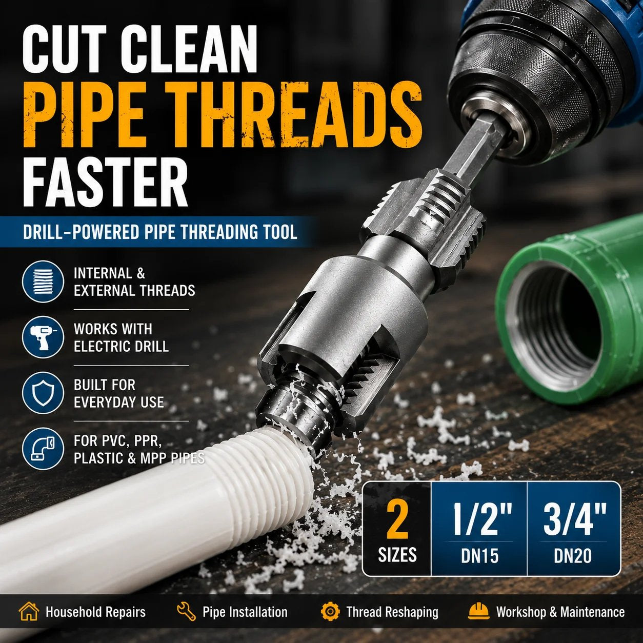 💯Drill-Powered Pipe Thread Cutting Bit — Internal & External Threading for 1/2" & 3/4" Plastic Pipes