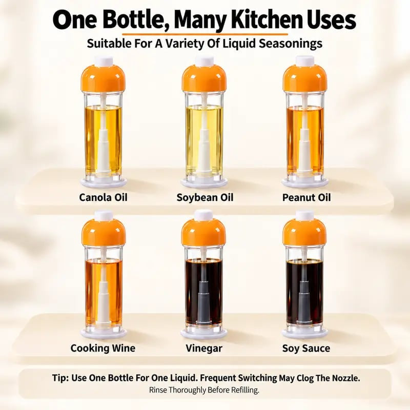 Six examples of refillable sprayers holding different cooking oils, vinegar, cooking wine and soy sauce