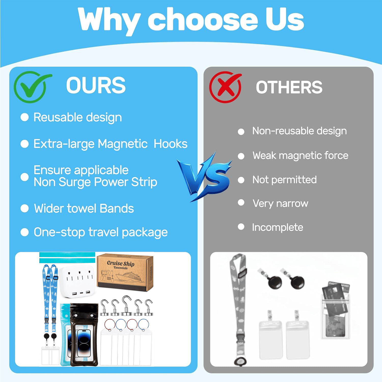 🚢Cruise Essentials 2026- Cruise Must Haves Kit with Non-Surge Protector Power Strip, Lanyard with ID Holder, Magnetic Hooks, Luggage Tag Set, Towel Bands, Waterproof Phone Holder