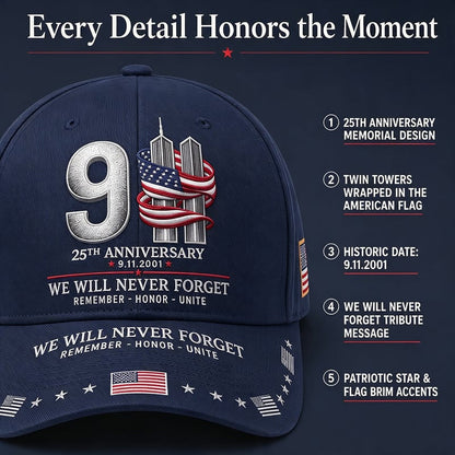 9/11 25th Anniversary We Will Never Forget Printed Memorial Baseball Cap – Unisex Patriotic Memorial Hat🧢