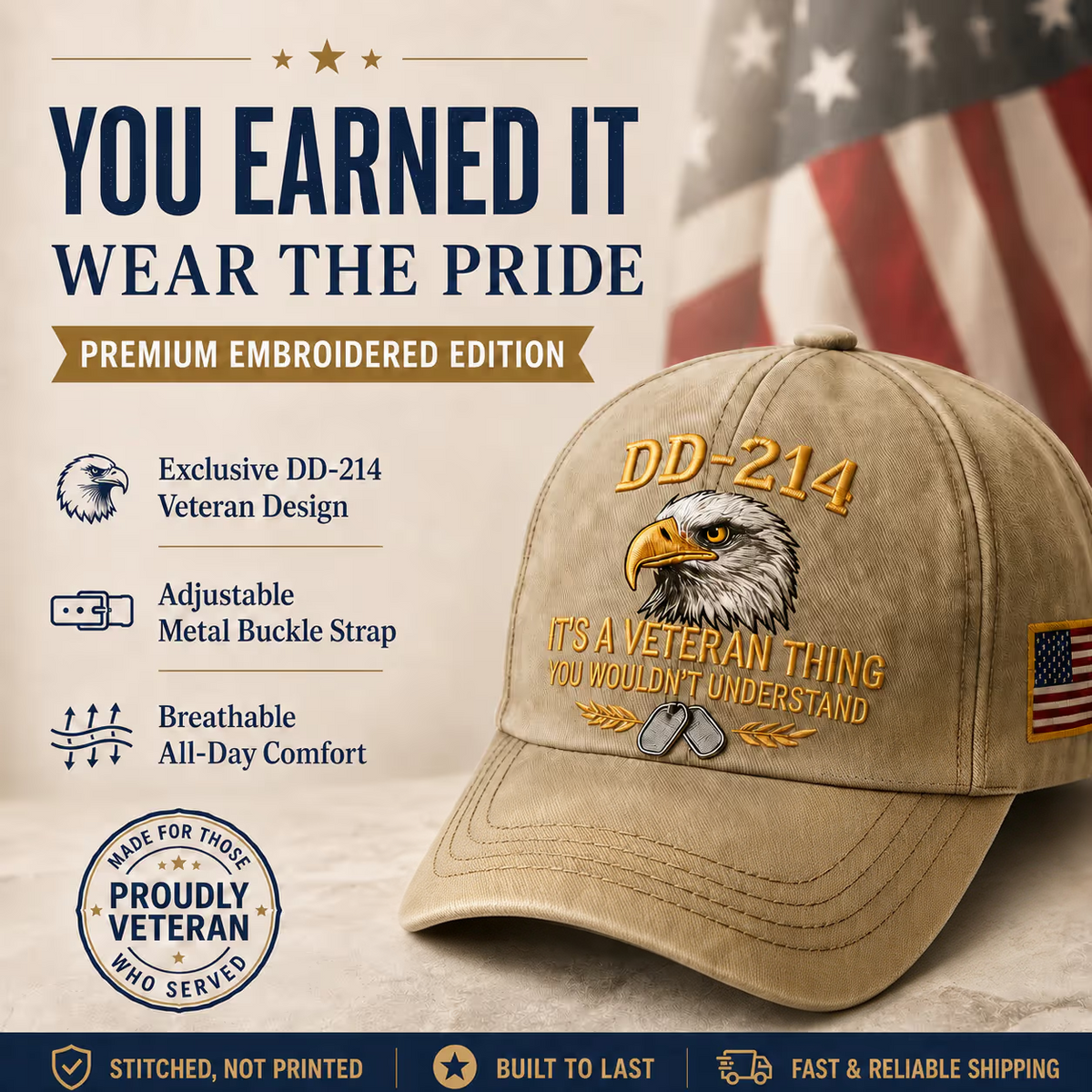 100% Handmade DD-214 Veteran Honor Embroidered Cap