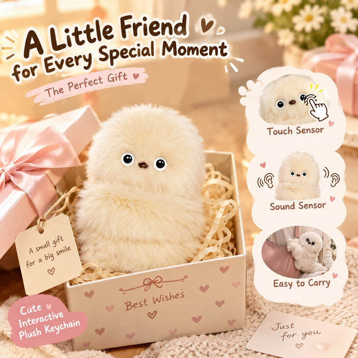 ✨Interactive Plush Bag Charm – Cute Motion-Sensing Companion with Moving Head, Your bags new best friend.💕