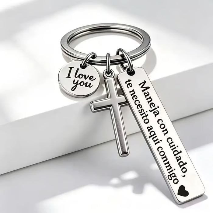 Keychain with Cross and "I Love You" Charm