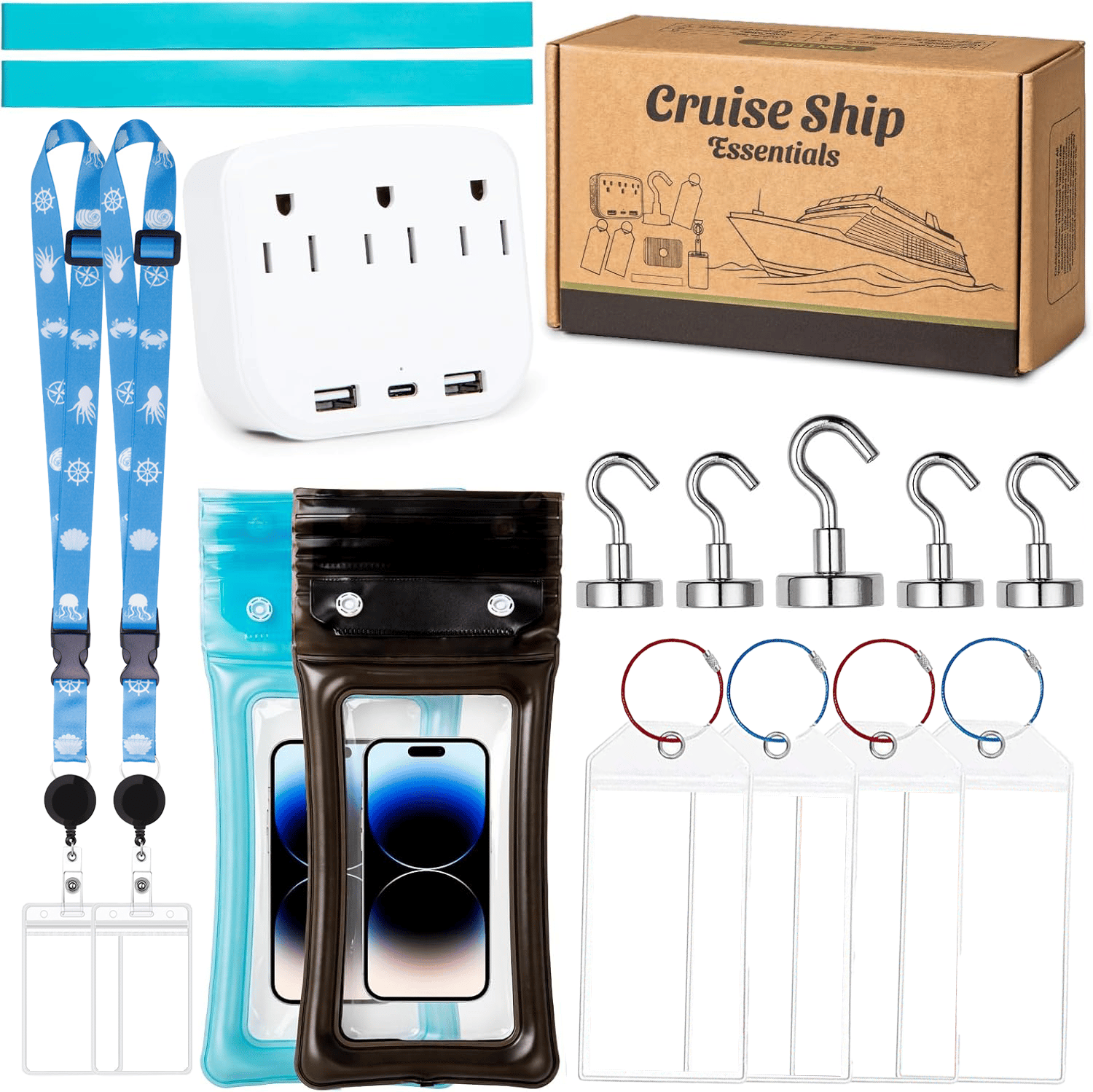 🚢Cruise Essentials 2026- Cruise Must Haves Kit with Non-Surge Protector Power Strip, Lanyard with ID Holder, Magnetic Hooks, Luggage Tag Set, Towel Bands, Waterproof Phone Holder
