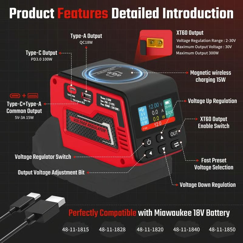 Adjustable 2-30V DC Voltage Regulator - Compatible with Milwaukee 18V Battery