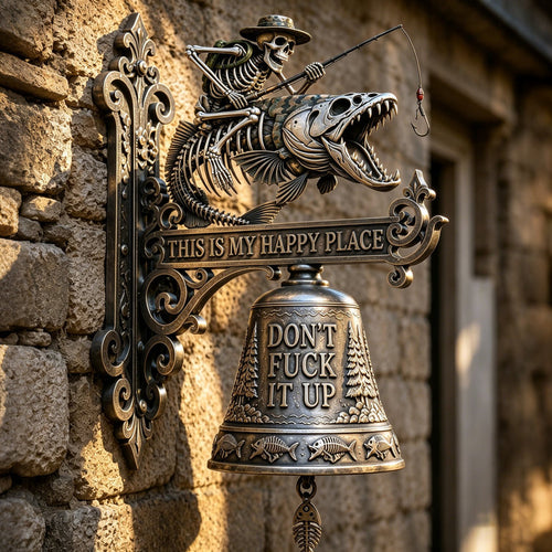 🎣 Resin Skeleton Fisherman Wall Bell – “This Is My Happy Place” Outdoor Decoration