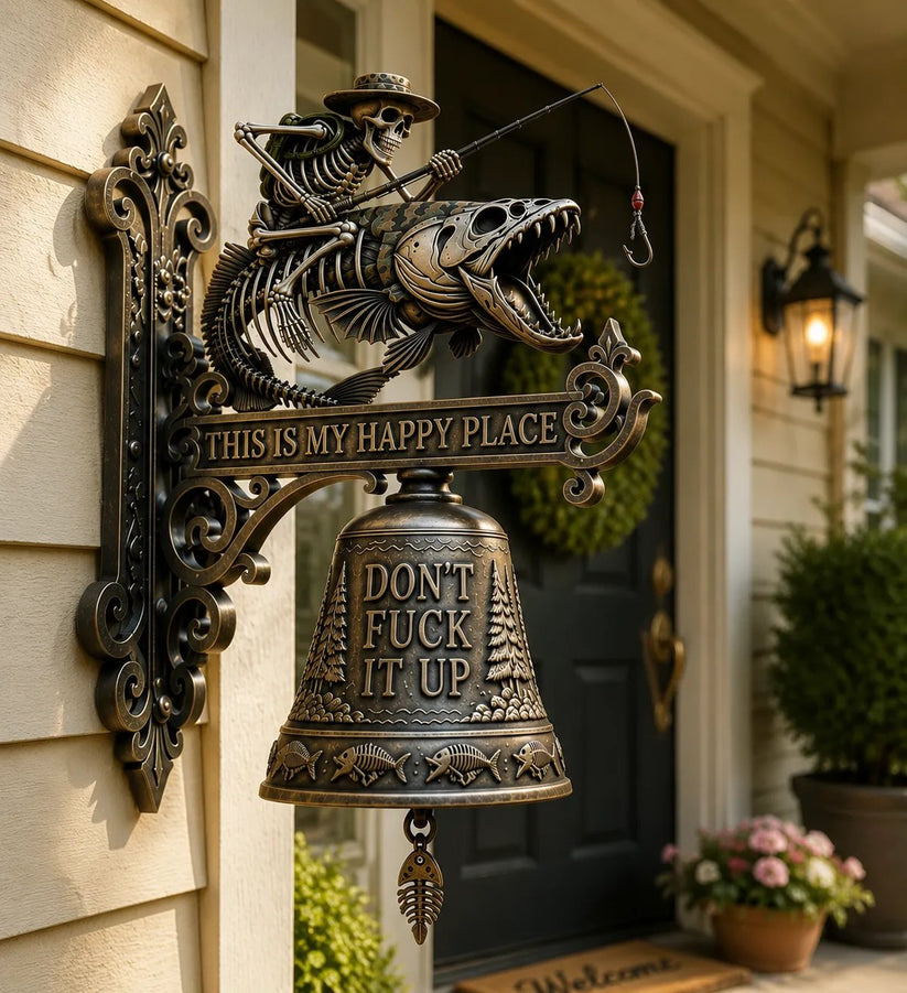 🎣 Resin Skeleton Fisherman Wall Bell – “This Is My Happy Place” Outdoor Decoration
