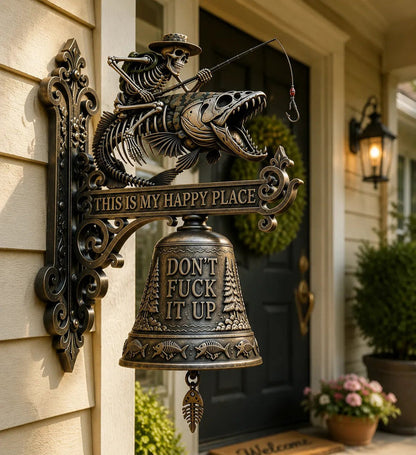 🎣 Resin Skeleton Fisherman Wall Bell – “This Is My Happy Place” Outdoor Decoration