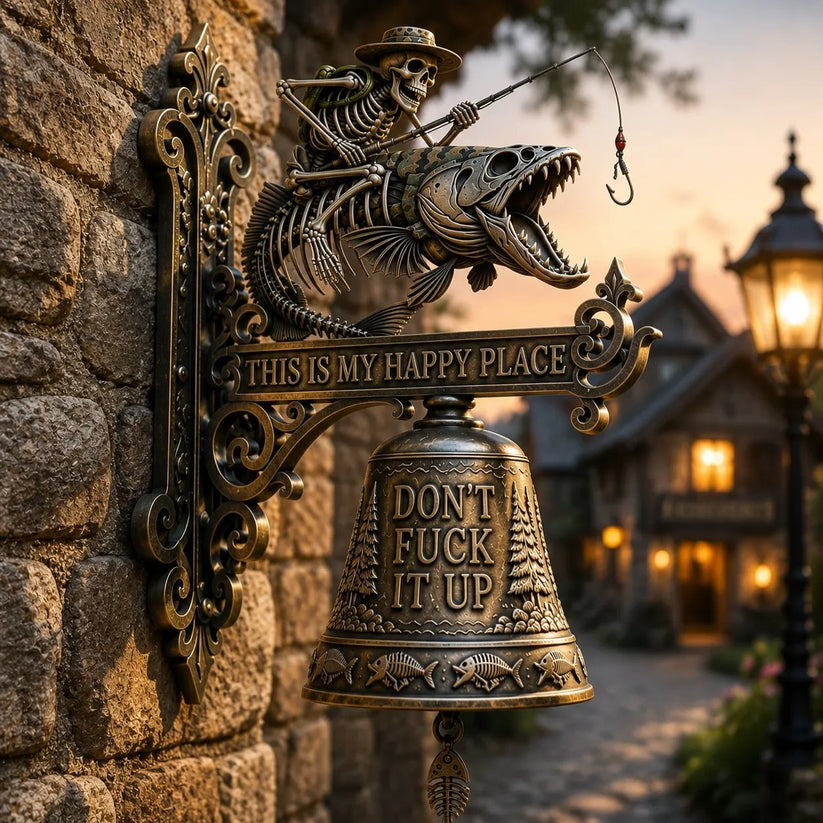🎣 Resin Skeleton Fisherman Wall Bell – “This Is My Happy Place” Outdoor Decoration
