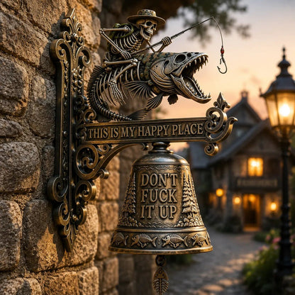 🎣 Resin Skeleton Fisherman Wall Bell – “This Is My Happy Place” Outdoor Decoration