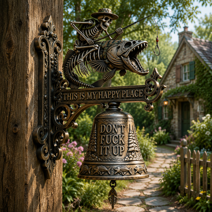 🎣 Resin Skeleton Fisherman Wall Bell – “This Is My Happy Place” Outdoor Decoration