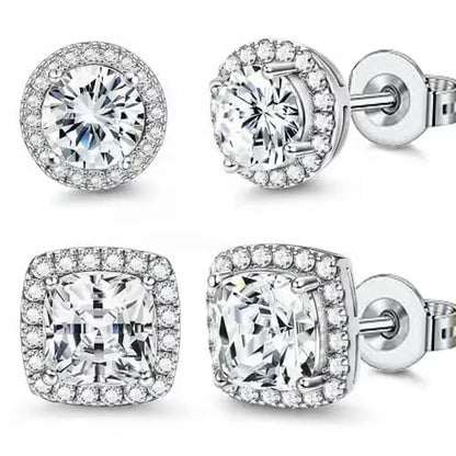 Halo Stud Earrings 4-Pack- Gold & Silver Round/Square Styles