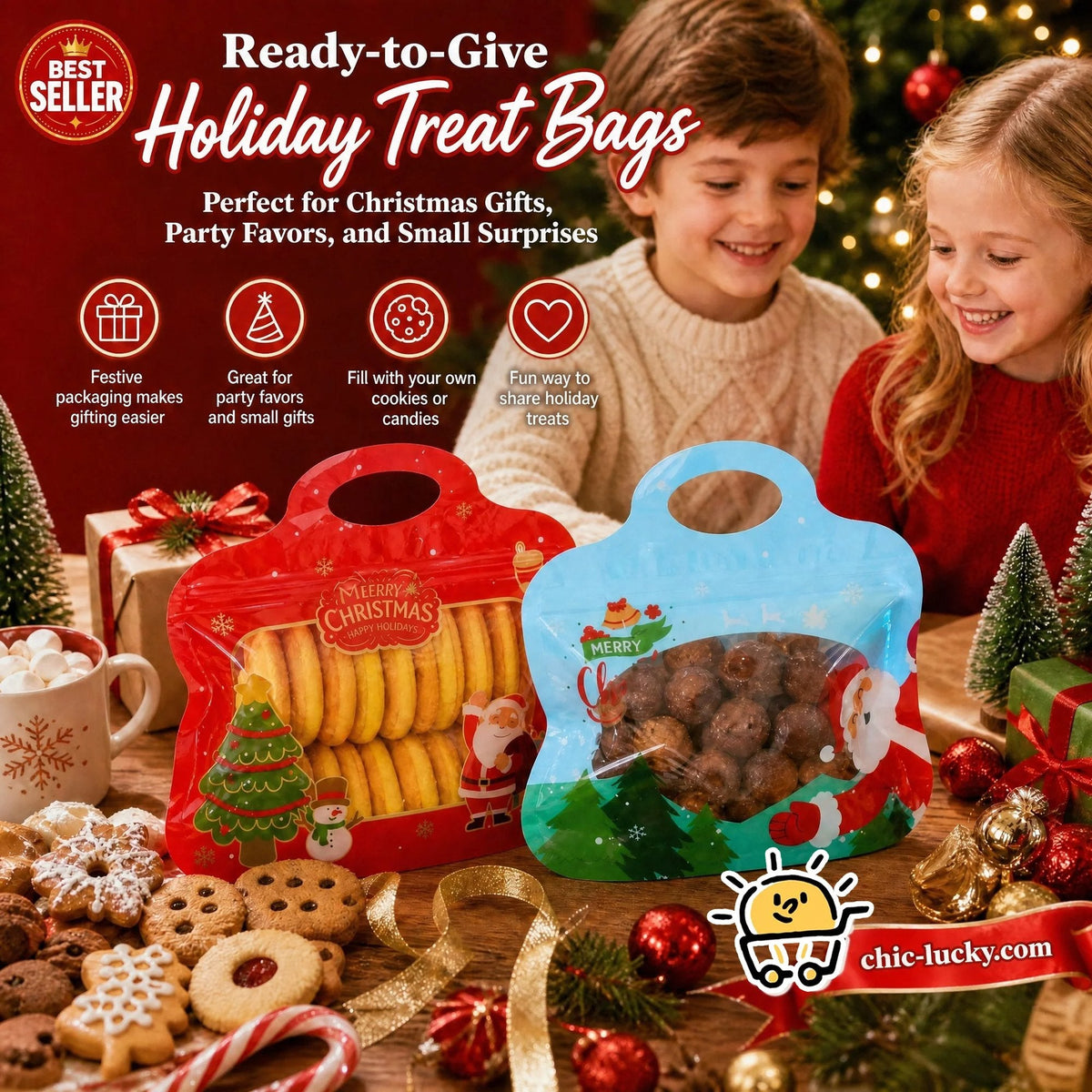 🎁Easy Fill, Easy Seal🎄 Festive Self-Seal Treat Bags – Santa & Snowman Print 💖 Resealable, Food-Safe & Perfect for Cookies, Chocolates & Little Gifts 🎅⛄
