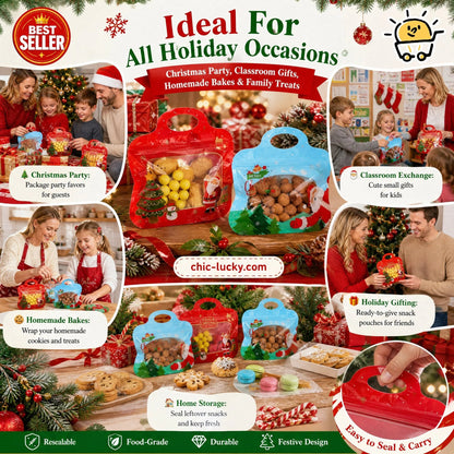 🎁Easy Fill, Easy Seal🎄 Festive Self-Seal Treat Bags – Santa & Snowman Print 💖 Resealable, Food-Safe & Perfect for Cookies, Chocolates & Little Gifts 🎅⛄