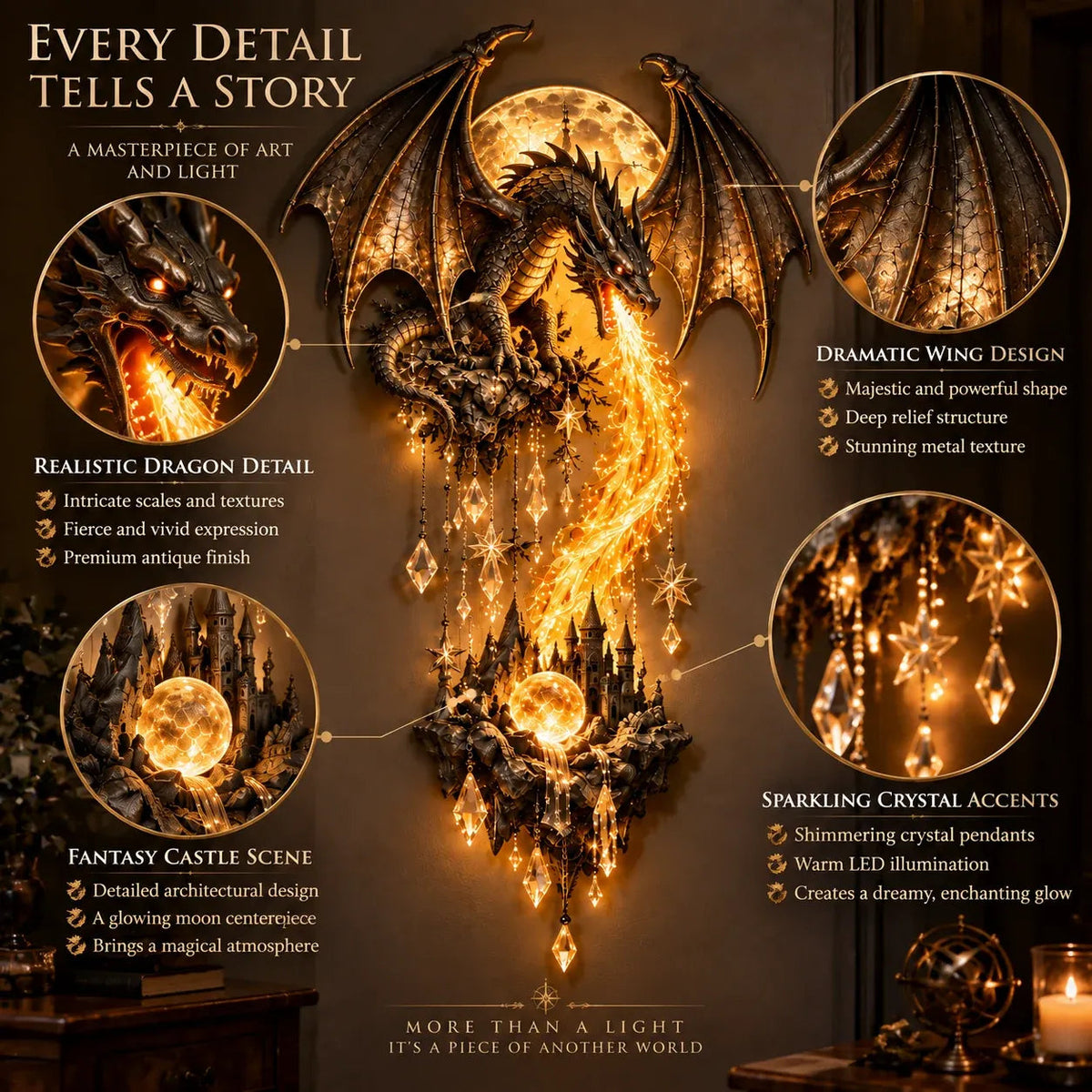 🐉 Dragonfire Moonlight Wall Lamp | Enchanted Fantasy Castle Decor 🌙