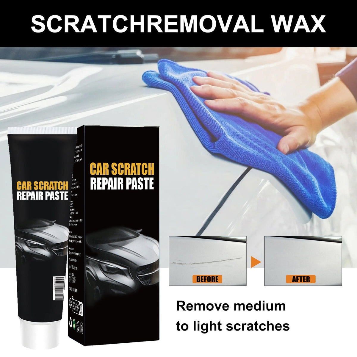 Scratch polishing paste shown with light scratch before and after example
