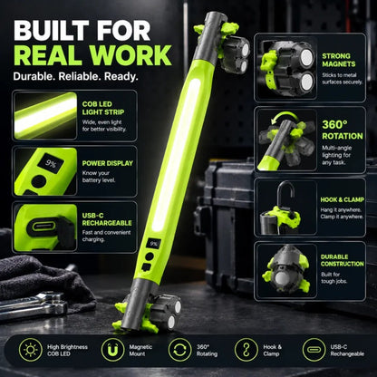 Rechargeable COB Work Light, USB-C Magnetic LED Inspection Light with Hook & Clamp, 360° Rotating Portable Garage Mechanic Light for Car Repair, Emergency, Camping
