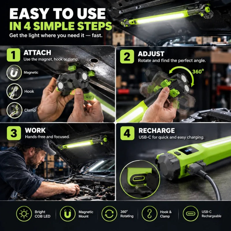 Rechargeable COB Work Light, USB-C Magnetic LED Inspection Light with Hook & Clamp, 360° Rotating Portable Garage Mechanic Light for Car Repair, Emergency, Camping
