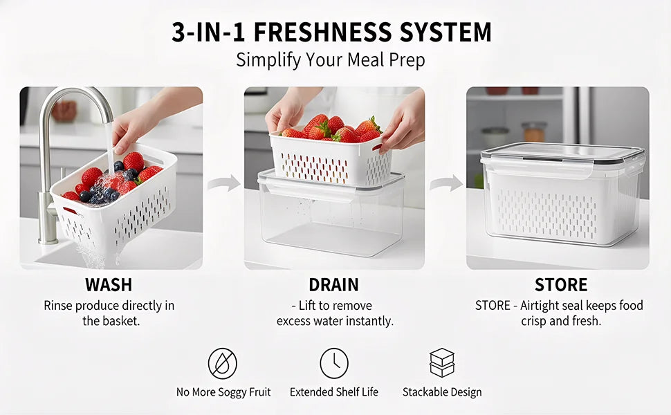 4 in 1 Food Storage Container, Fruit Storage Containers for Fridge, Produce Storage Containers with Lid and Strainer