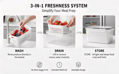 4 in 1 Food Storage Container, Fruit Storage Containers for Fridge, Produce Storage Containers with Lid and Strainer