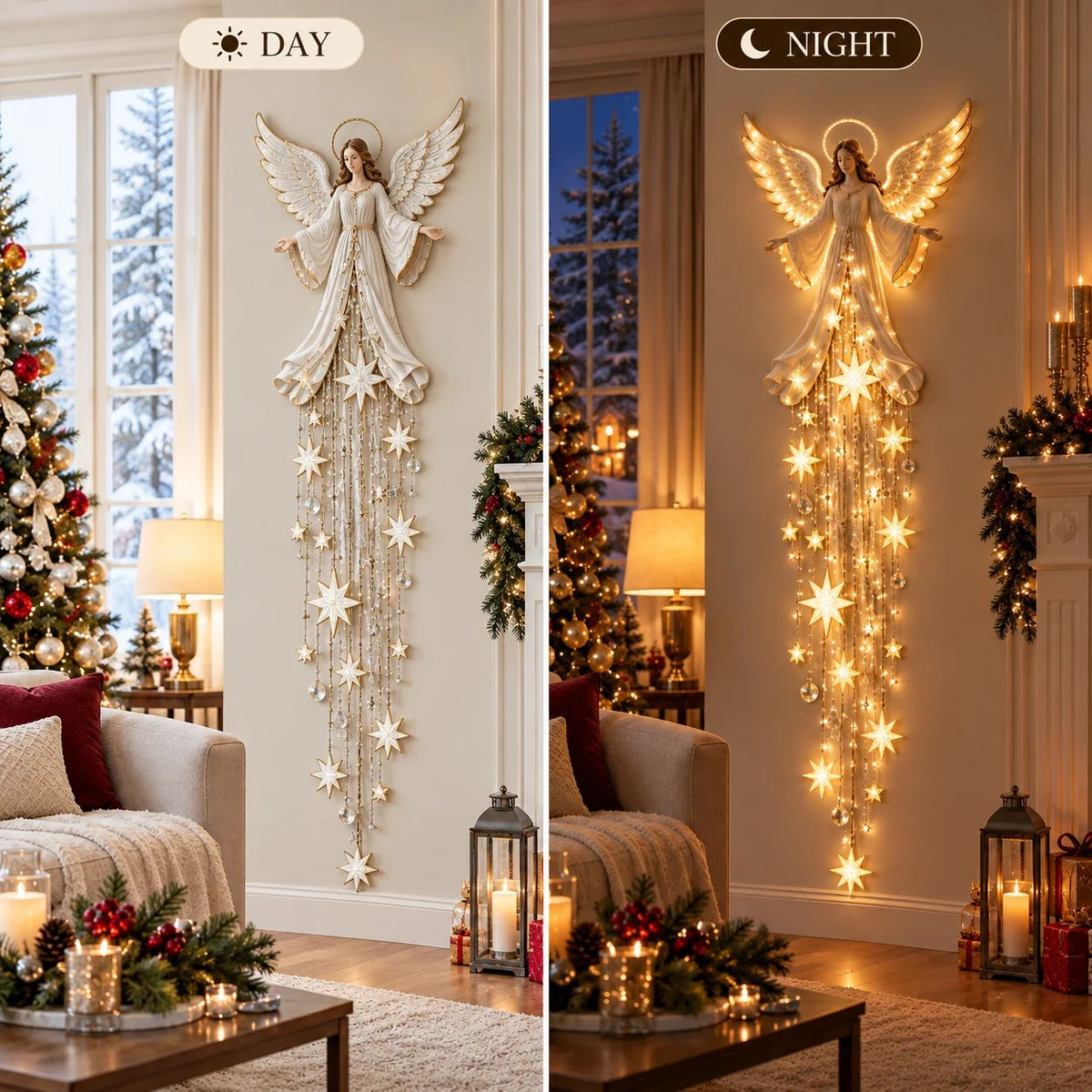 ✨ Angel Blessing Starfall Wall Light — Lighted Angel Wall Sculpture with Cascading Star Glow | Ivory-Gold Christmas Wall Decor