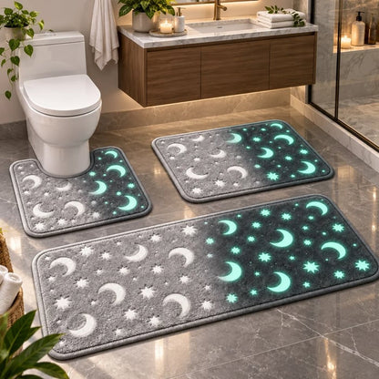 🌙 Glow In The Dark Moon & Star Bathroom Mat Set – 3-Piece Plush Set