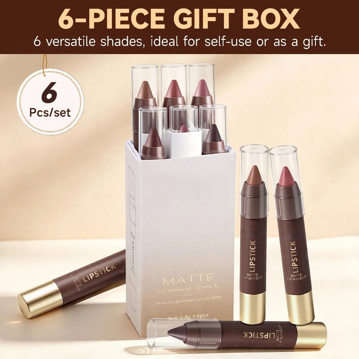 6pcs/set Long-lasting Matte Brown Lipstick