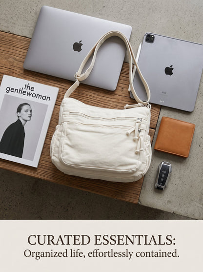 👜✨ Distressed Canvas Messenger Bag – Multi-Zipper Layered Design, Wide Adjustable Strap