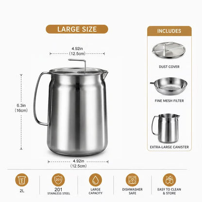 68oz 201 Stainless Steel Deep Fryer Pot with Basket & Strainer, Large Capacity Bacon Grease Container for Kitchen,Frying, Cooking, Camping,Oil Filter Container - Dishwasher Safe