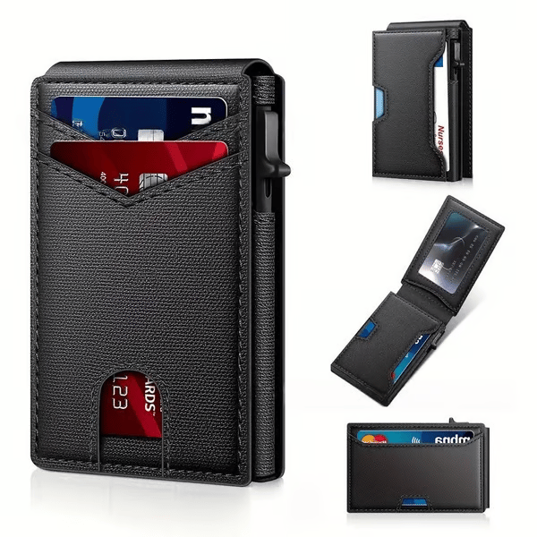 💥🎁 Slim Wallet for Men with Pop-Up Aluminum Case, RFID Blocking  Minimalist Leather Bifold Card Holder