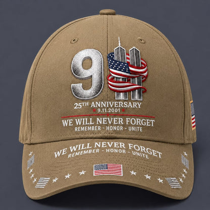 9/11 25th Anniversary We Will Never Forget Printed Memorial Baseball Cap – Unisex Patriotic Memorial Hat🧢