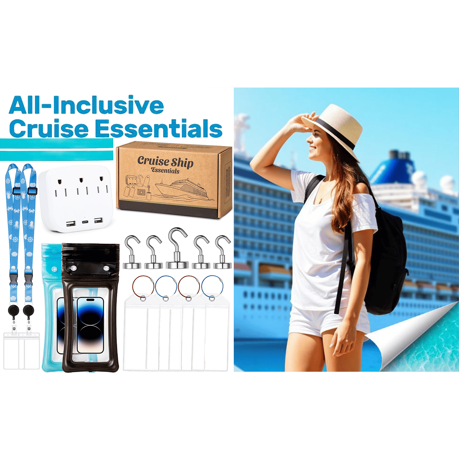 🚢Cruise Essentials 2026- Cruise Must Haves Kit with Non-Surge Protector Power Strip, Lanyard with ID Holder, Magnetic Hooks, Luggage Tag Set, Towel Bands, Waterproof Phone Holder