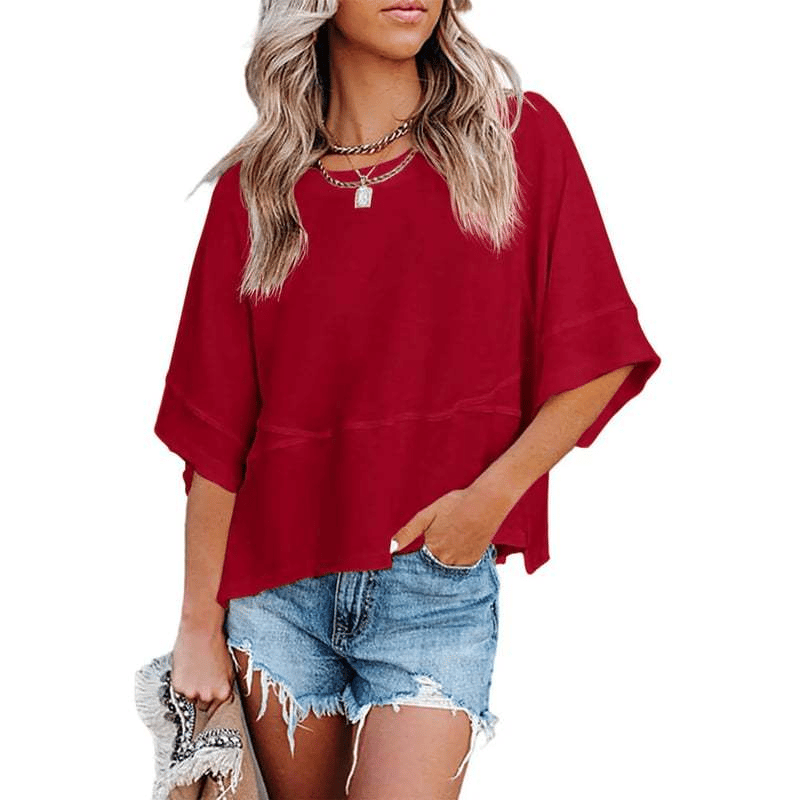 Women's Summer Casual Crewneck Batwing Half Sleeve T-Shirts Solid Color Loose Fit Cute Basic Flowy Tops Tees Blouses