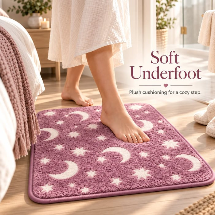 🌙 Glow In The Dark Moon & Star Bathroom Mat Set – 3-Piece Plush Set