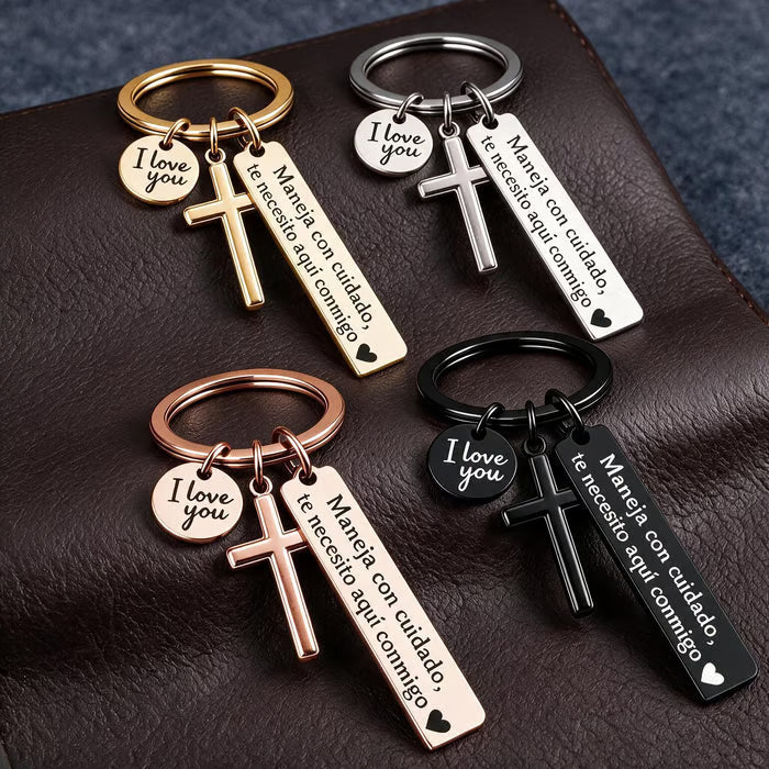 Keychain with Cross and "I Love You" Charm