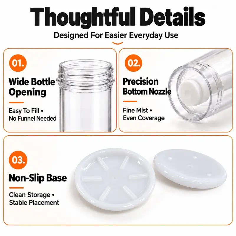 Close-up infographic of wide bottle opening, integrated bottom nozzle and separate non-slip base
