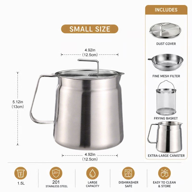68oz 201 Stainless Steel Deep Fryer Pot with Basket & Strainer, Large Capacity Bacon Grease Container for Kitchen,Frying, Cooking, Camping,Oil Filter Container - Dishwasher Safe