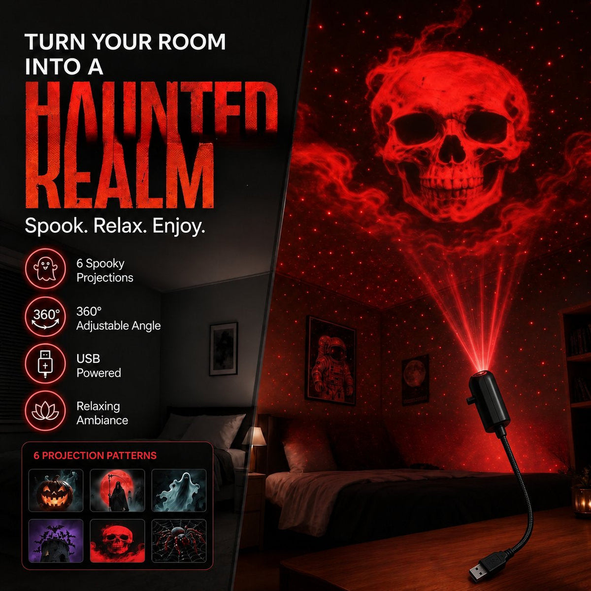 😱Halloween Projector Light – 6 Spooky Projection Patterns