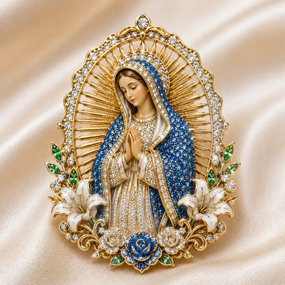✝️ 3D Jesus & Mary Sacred Devotion Pin ⏳Gold-Tone Crystal Christian Brooch ❤️