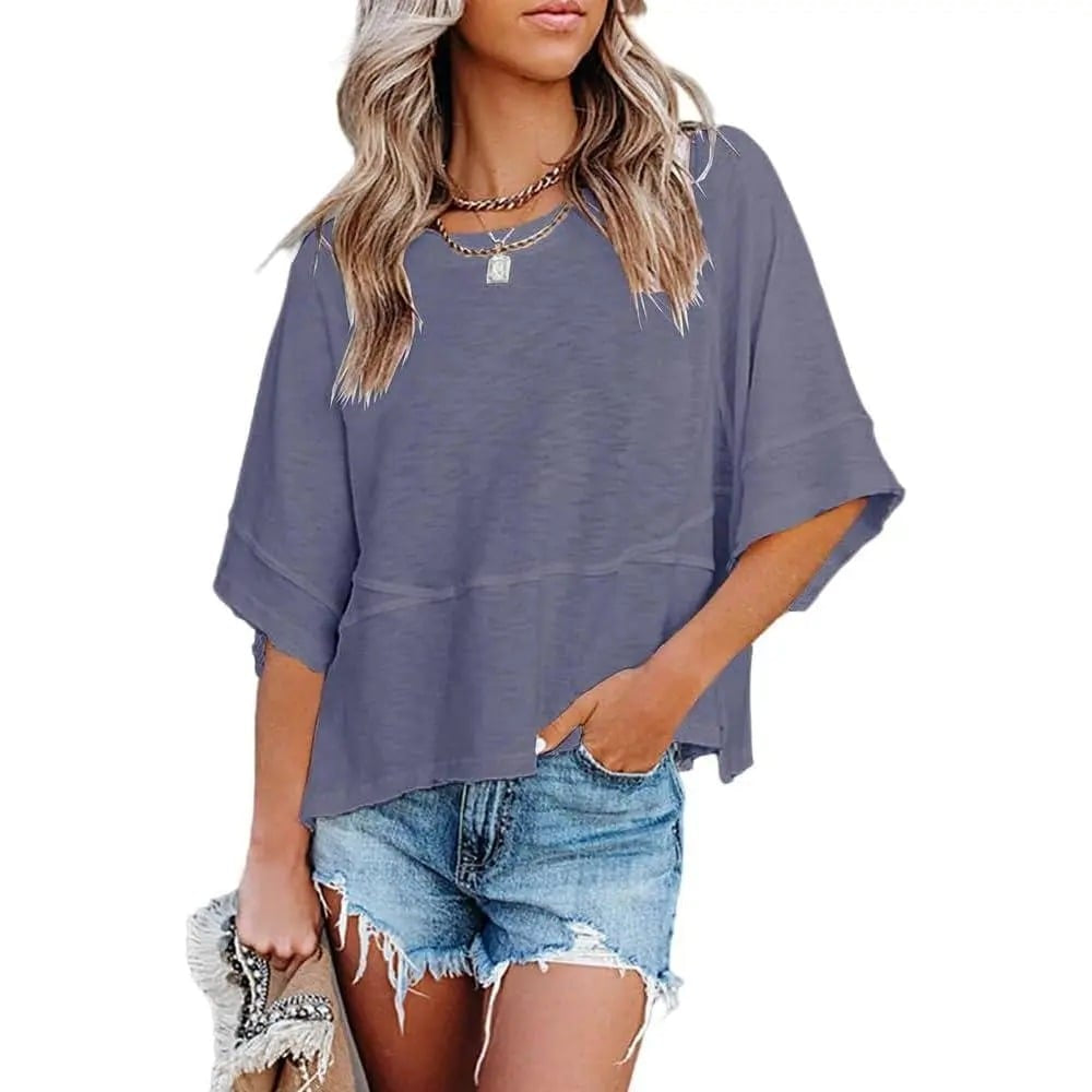 ☀️ Women's Summer Casual Crewneck Batwing Top – Loose Fit, Cute & Breezy 🌸