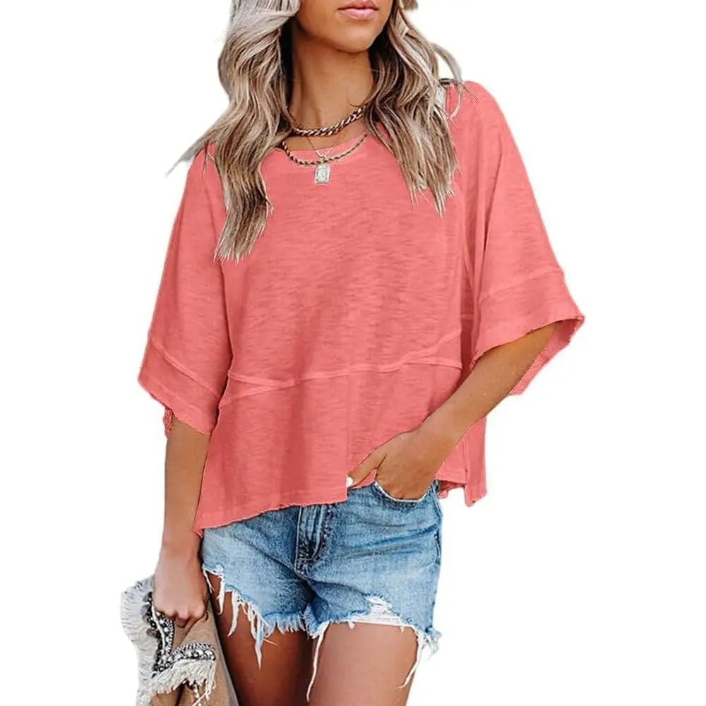 ☀️ Women's Summer Casual Crewneck Batwing Top – Loose Fit, Cute & Breezy 🌸