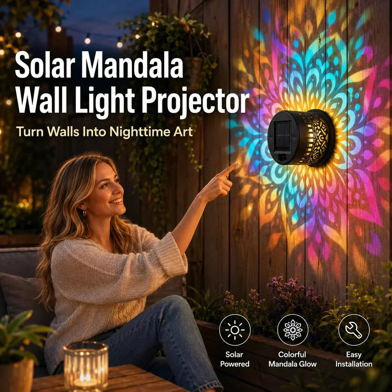 ⏰limited-time 50% OFF🌞Solar Mandala Light – Stunning Pattern Projection, 2-in-1 Floor & Wall Design